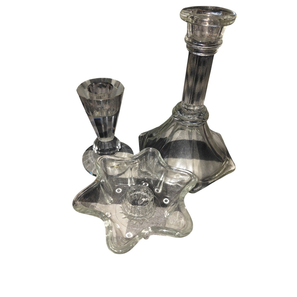 Vintage Clear Glass Candle Holder Set Star Faceted Geometric Taper Votive 3pc